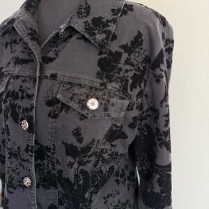 Black Floral Flocked Denim Jacket Size M Statement Jacket